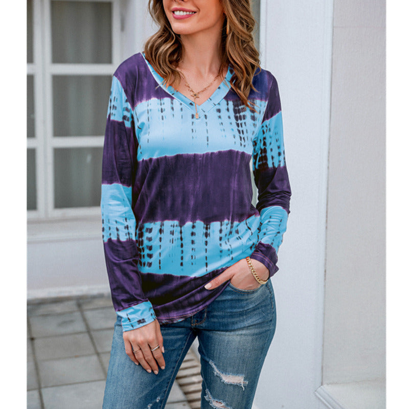 Fall/Winter Women's Clothing V-neck Pullover Print Long-sleeved Loose T-shirt Blouse