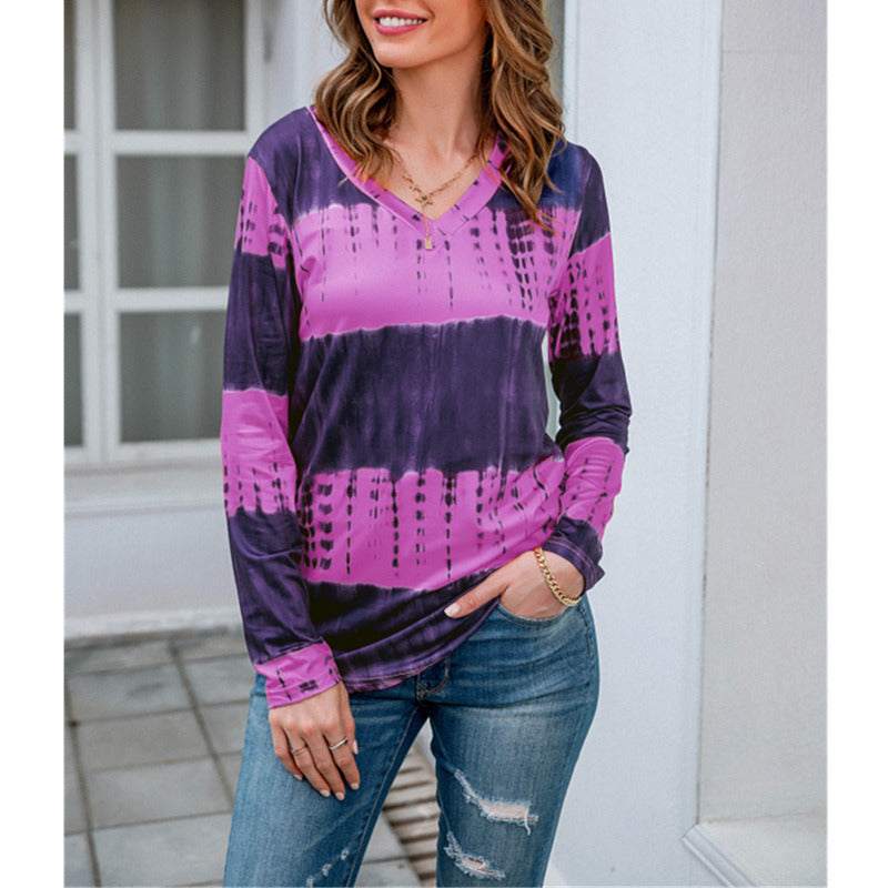 Fall/Winter Women's Clothing V-neck Pullover Print Long-sleeved Loose T-shirt Blouse