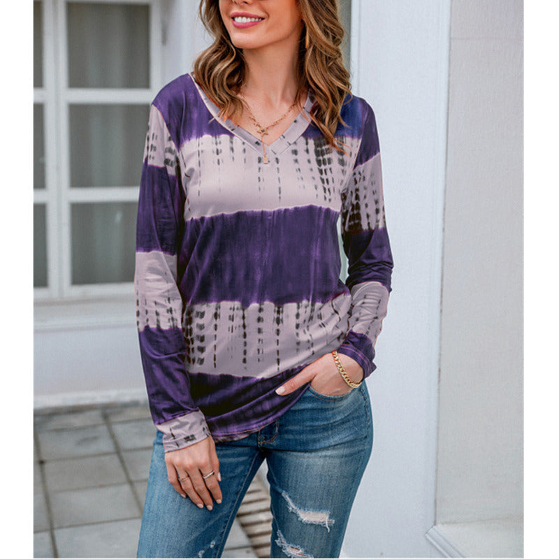 Fall/Winter Women's Clothing V-neck Pullover Print Long-sleeved Loose T-shirt Blouse