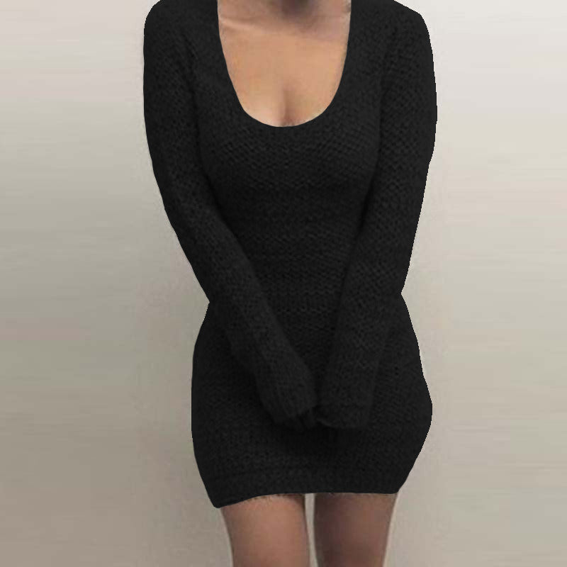 winter women's long-sleeved U-neck sweater sexy bag hip dress