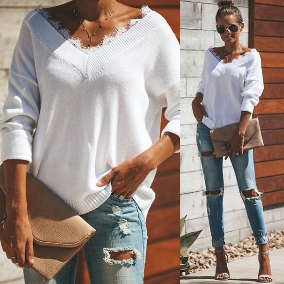 Lace Side V-neck Sweater Women's Fashion Loose Simple Casual Sweater Long-sleeved Sweater Solid Color Sweater Clothing Pullover Sweater