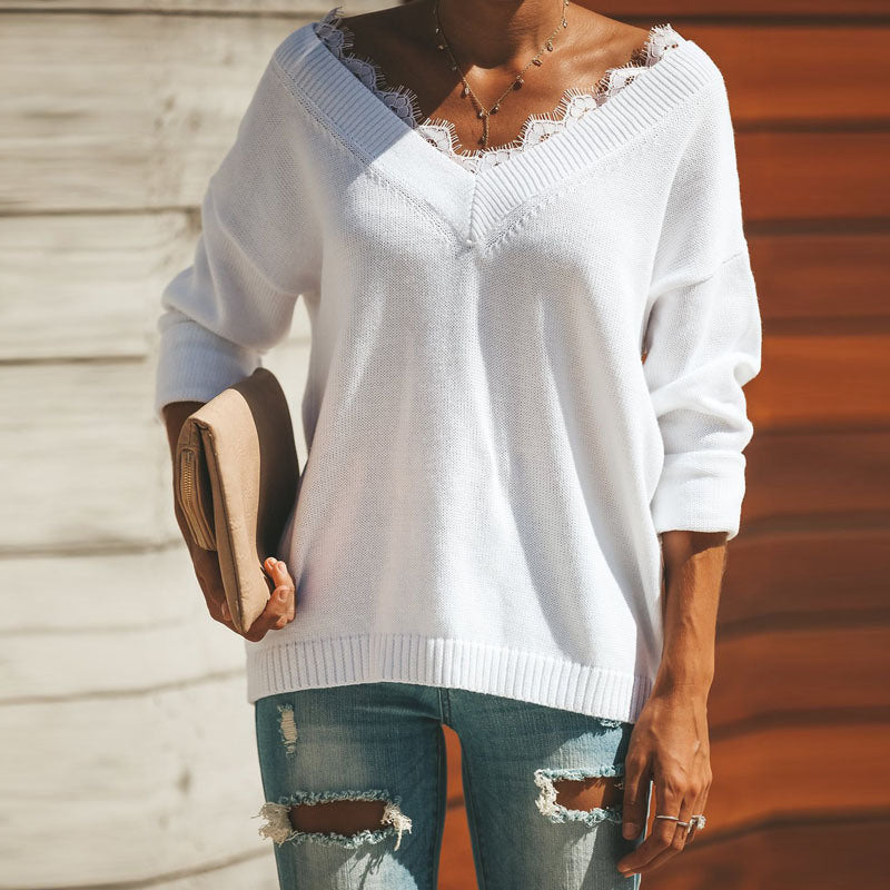 Lace Side V-neck Sweater Women's Fashion Loose Simple Casual Sweater Long-sleeved Sweater Solid Color Sweater Clothing Pullover Sweater