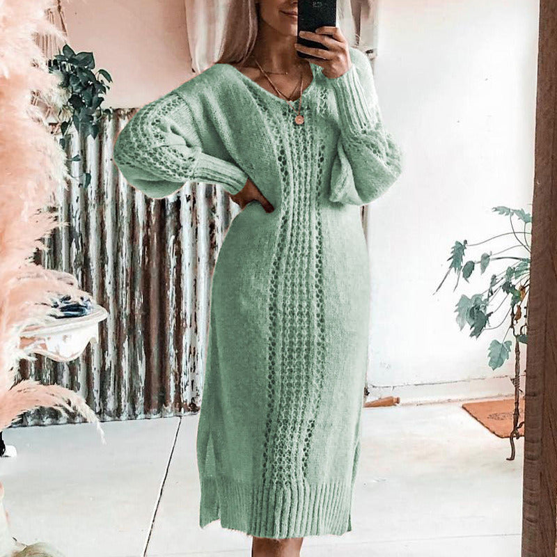 Women's Autumn and Winter New Sexy Hollow Solid Color Dress Sweater