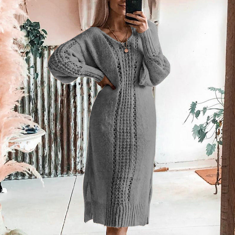 Women's Autumn and Winter New Sexy Hollow Solid Color Dress Sweater