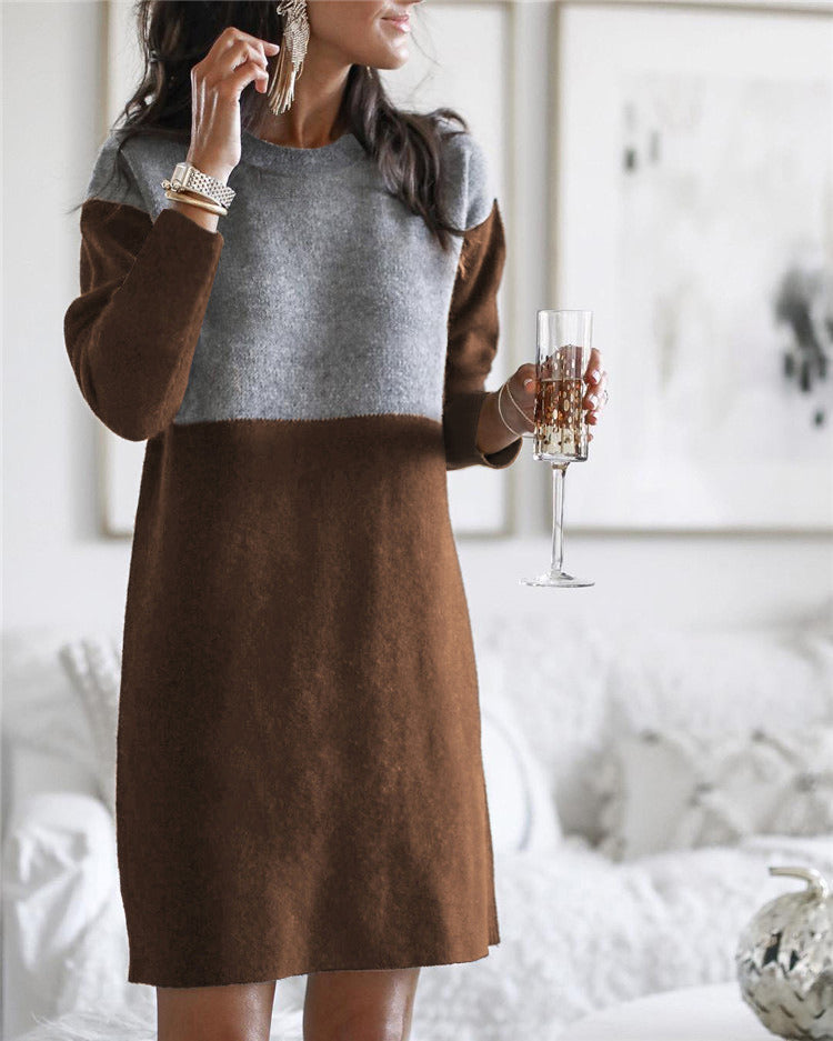 Autumn and Winter Women's Sweater New Stitching Skirt Loose Large Size Round Neck Long Sleeve Women's Dress