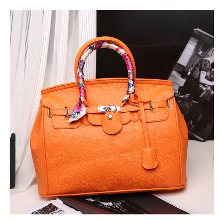 2021 new women's bag Europe and the United States lock buckle micro-portable rose red temperament bag lychee pattern platinum bag handbag - Color: Orange with silk scarf