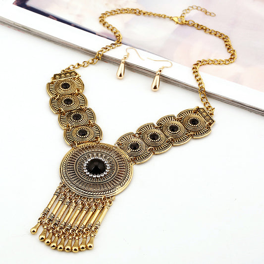 Color: Black - Retro Water Drop Tassel Necklace, Round Gemstone Hollow Diamond Necklace Foreign Trade Jewelry Wholesale