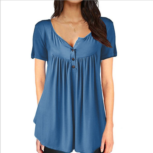 Color: Light Blue, Size: XL - New Women's Casual Pleated Buttoned Waist Solid Color Slim Fit Shirt With Short Sleeves