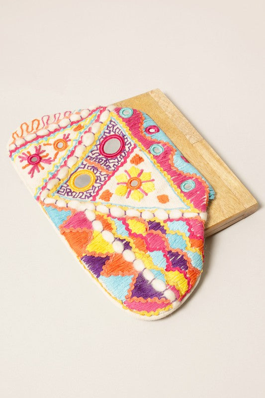 Multi Color Pattern Wood Frame Clutch Bag