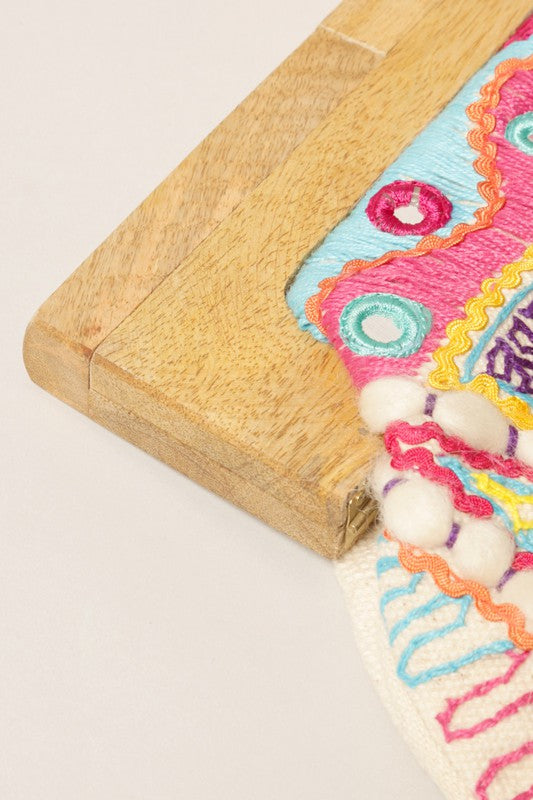 Multi Color Pattern Wood Frame Clutch Bag