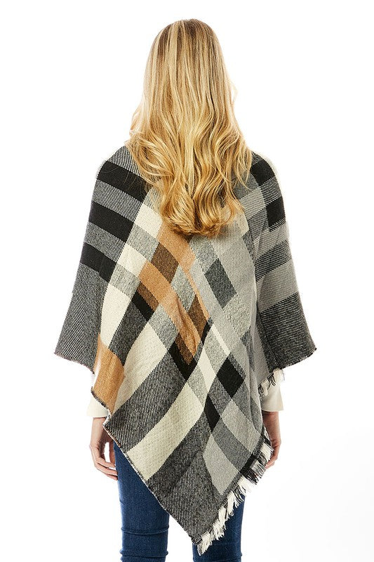 Women's Multi Colored Plaid Poncho with Fringes