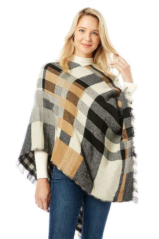 Women's Multi Colored Plaid Poncho with Fringes