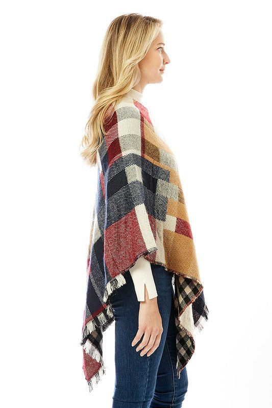 Women's Multi Colored Plaid Poncho with Fringes