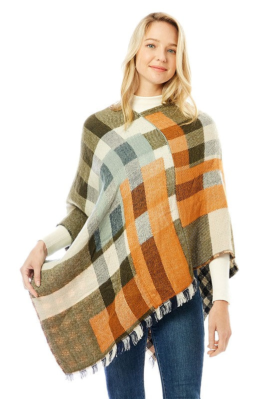 Women's Multi Colored Plaid Poncho with Fringes