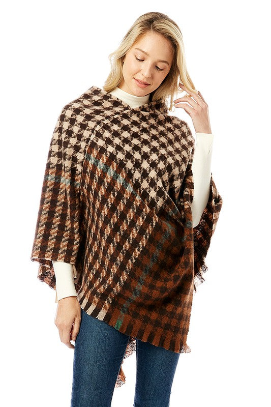 Women's Hounds tooth Poncho with Fringe