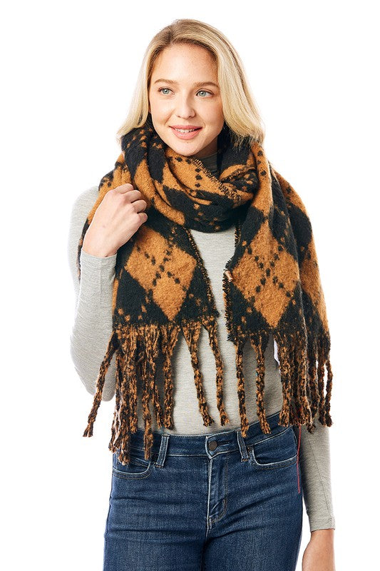 Women's Multi Colored Argyle Scarf With Fringe