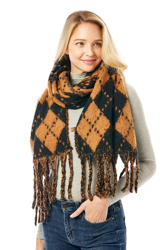 Women's Multi Colored Argyle Scarf With Fringe