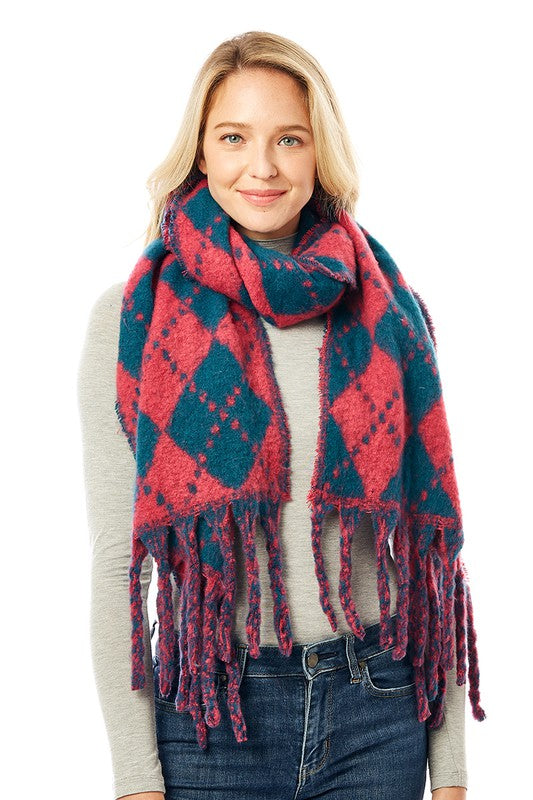 Women's Multi Colored Argyle Scarf With Fringe