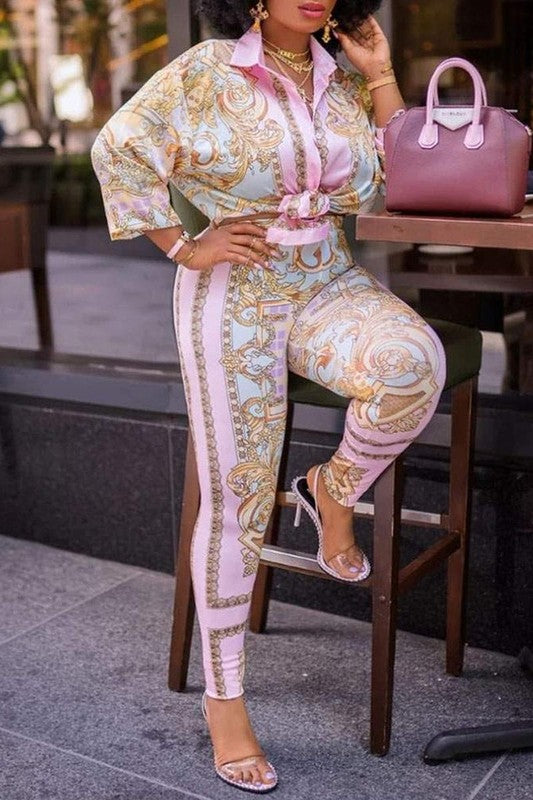 Print Lantern Sleeve Top High Waist Pants Set