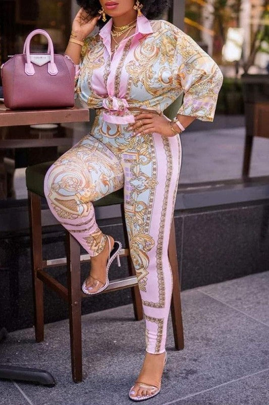 Print Lantern Sleeve Top High Waist Pants Set