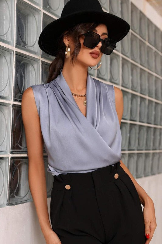 SATIN SOLID SURPLICE FRONT SLEEVELESS BLOUSE