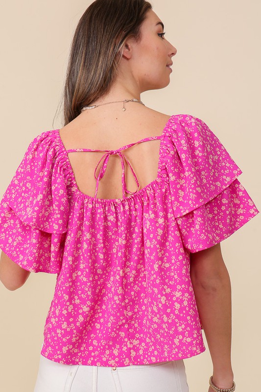 SMOCKED SQUARE NECK FLORAL BLOUSE WITH OPEN BACK