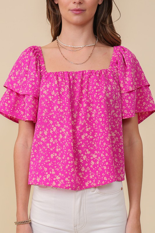 SMOCKED SQUARE NECK FLORAL BLOUSE WITH OPEN BACK