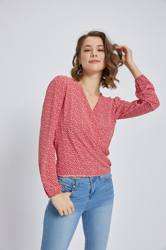 Surplice long sleeve blouse top with printed