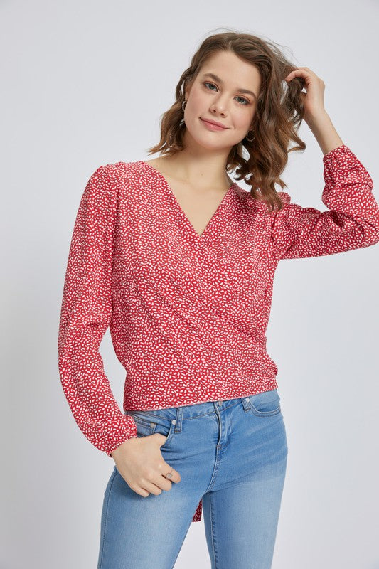 Surplice long sleeve blouse top with printed