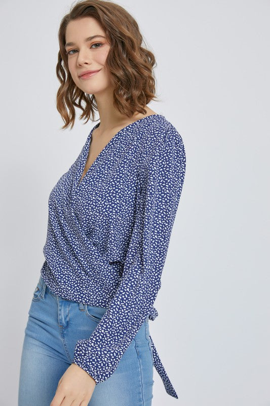 Surplice long sleeve blouse top with printed