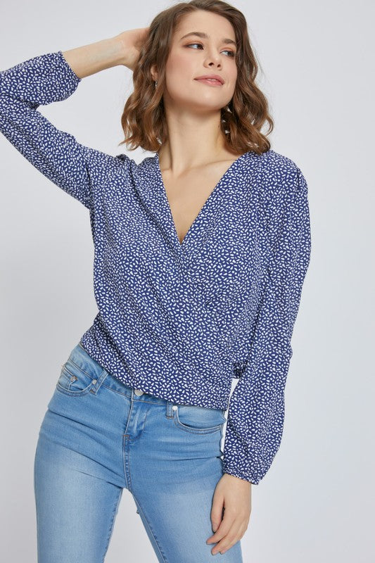 Surplice long sleeve blouse top with printed