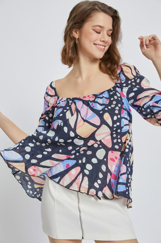 Balloon sleeve scoop neck  blouse top