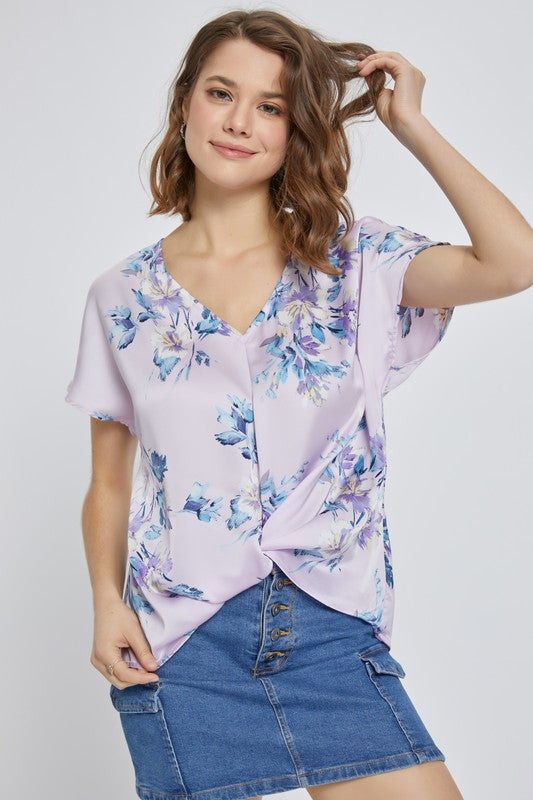 Short dolman sleeve floral santin blouse top