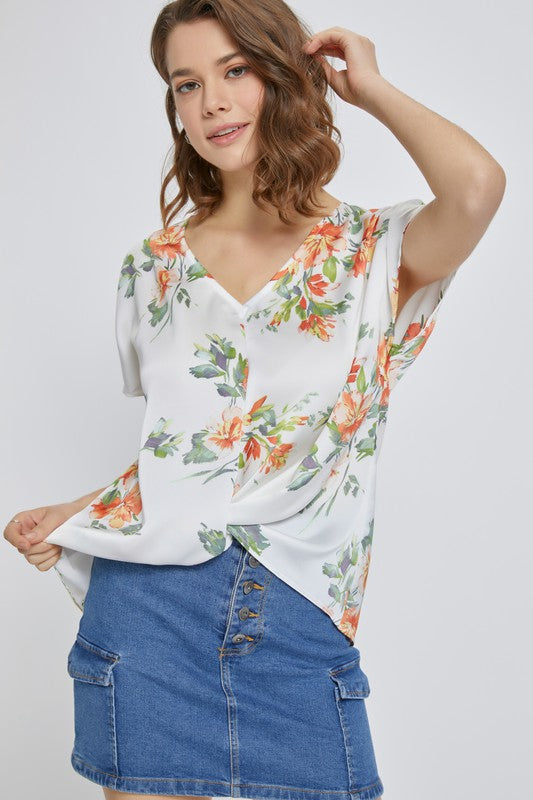 Short dolman sleeve floral santin blouse top