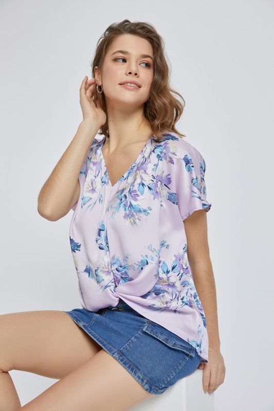 Short dolman sleeve floral santin blouse top