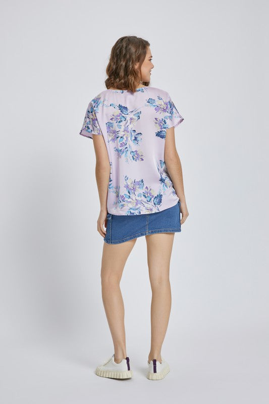 Short dolman sleeve floral santin blouse top