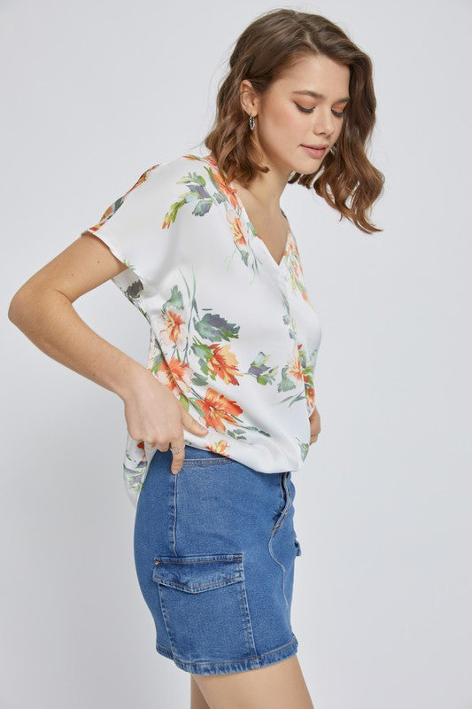 Short dolman sleeve floral santin blouse top