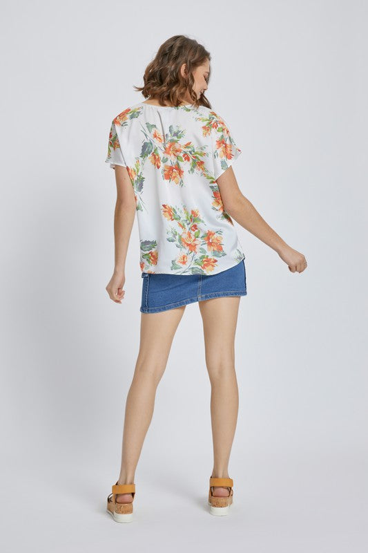 Short dolman sleeve floral santin blouse top