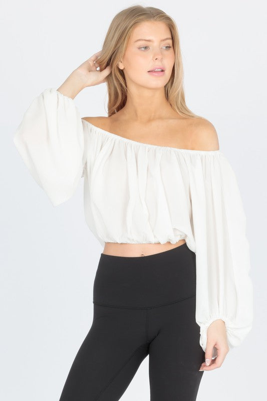 Scoop neck shirred blouse top balloon sleeve