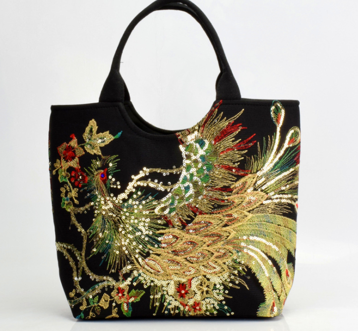 Color: Black, Style: Paperback - Canvas peacock embroidery small handbag