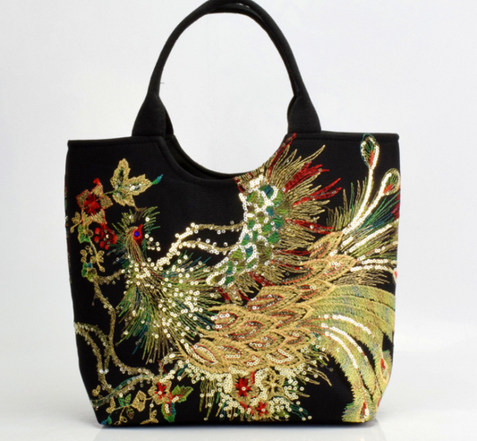 Color: Black, Style: Paperback - Canvas peacock embroidery small handbag