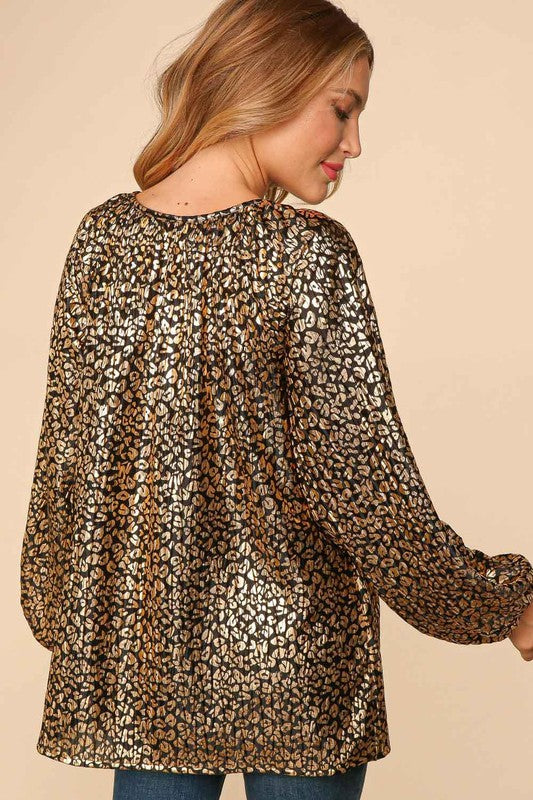 LEOPARD FOIL FRONT TIE KEYHOLE WOVEN BLOUSE