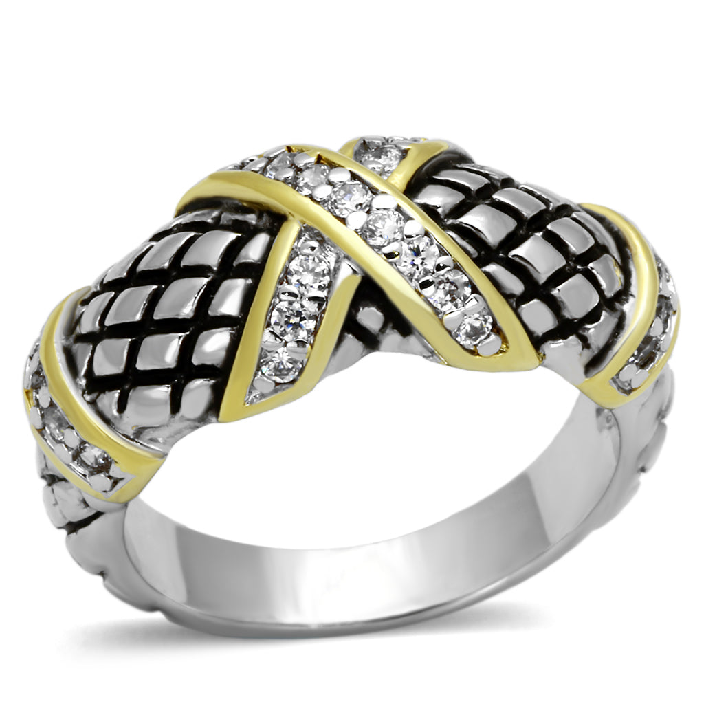 3W314 - Brass Ring Reverse Two-Tone Women AAA Grade CZ Clear