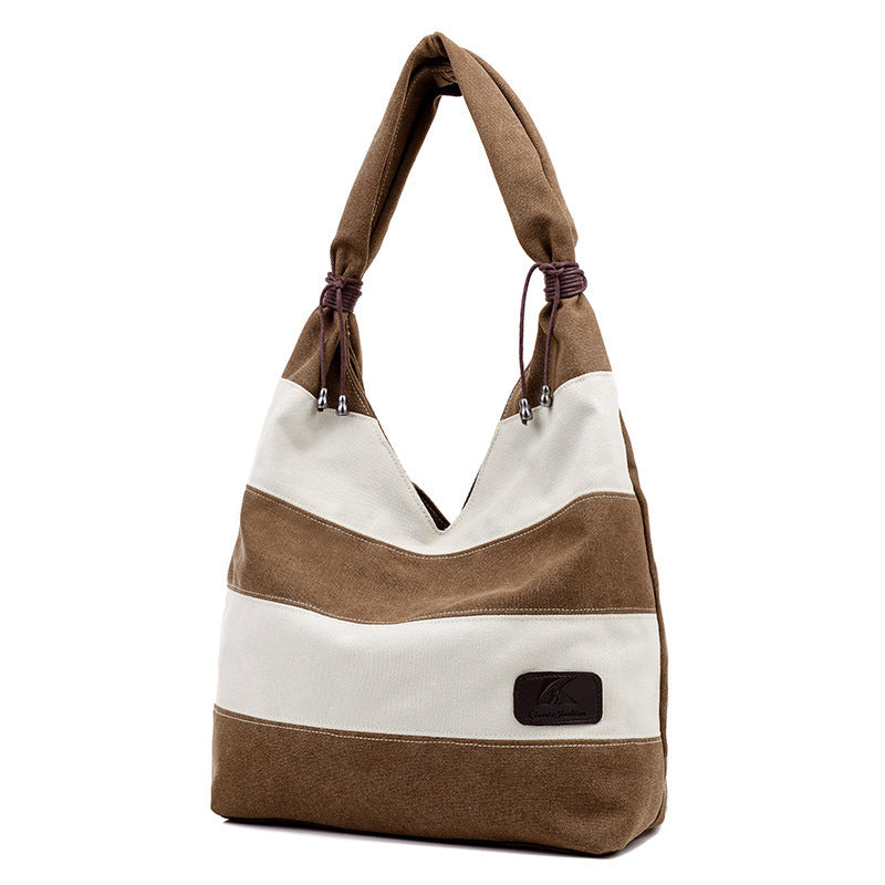 Color: brown - New canvas handbags splicing shoulder bag simple casual versatile handbags shopping tote bags