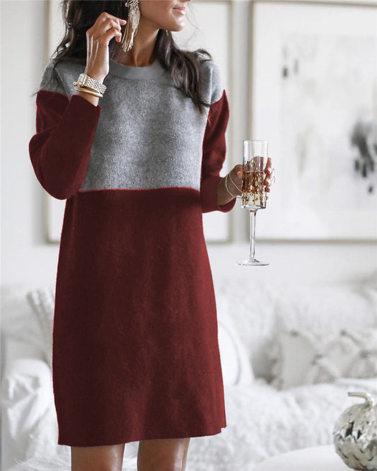 Autumn and Winter Women's Sweater New Stitching Skirt Loose Large Size Round Neck Long Sleeve Women's Dress