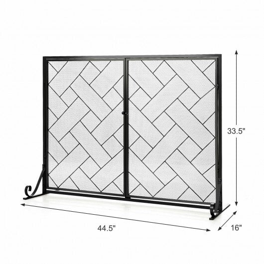 3-Panel Folding Wrought Iron Fireplace Screen with Doors and 4 Pieces Tools Set-Black - Color: Black