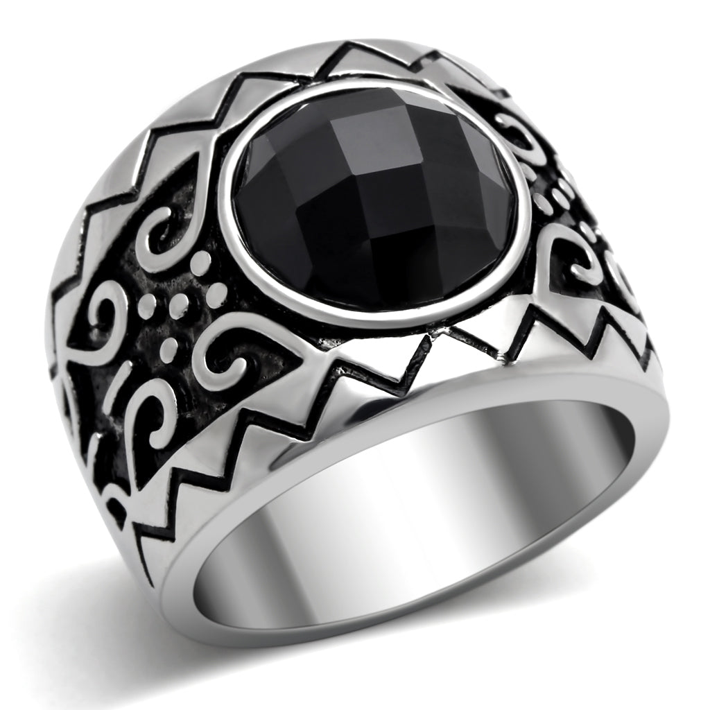 TK303 - Stainless Steel Ring High polished (no plating) Men AAA Grade CZ Jet