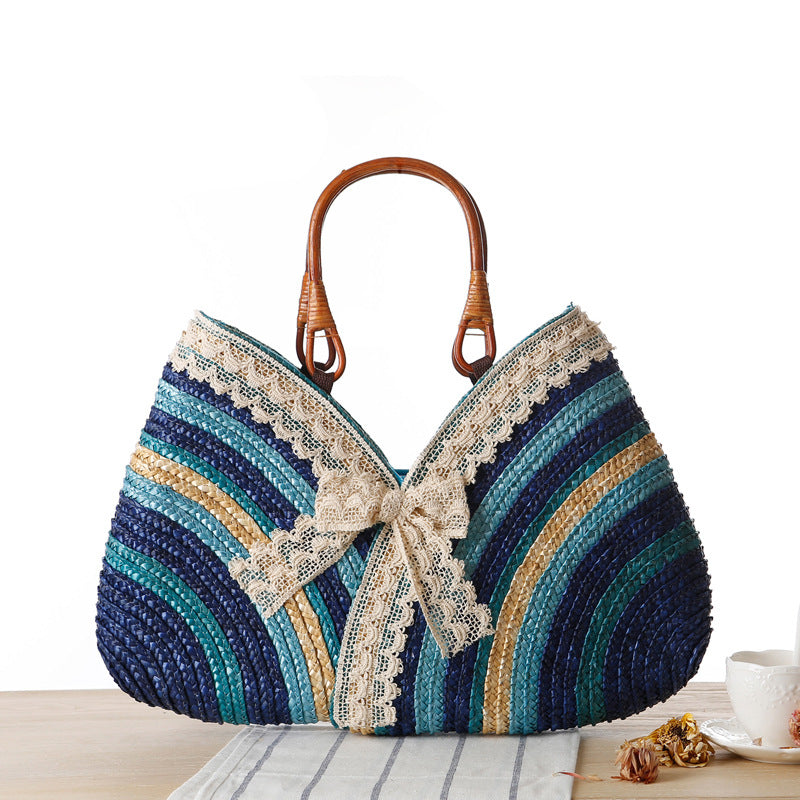 Wheat Straw Rainbow Stripes Straw Bag Rattan Bag Garden Handbag Japanese And Korean Casual Fashion