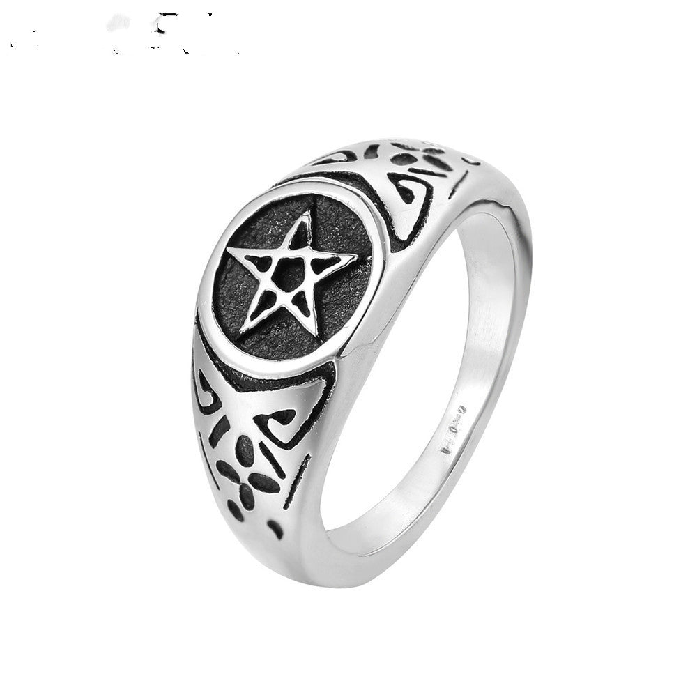 Color: Steel, Dimensions: 8 - Wholesale Fashion Pentacle Ring Stainless Steel Jewelry